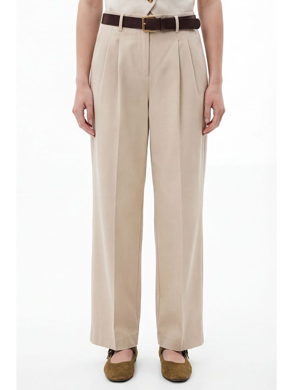 Bej Yüksek Bel Kemerli Pileli Pantolon Taş-3
