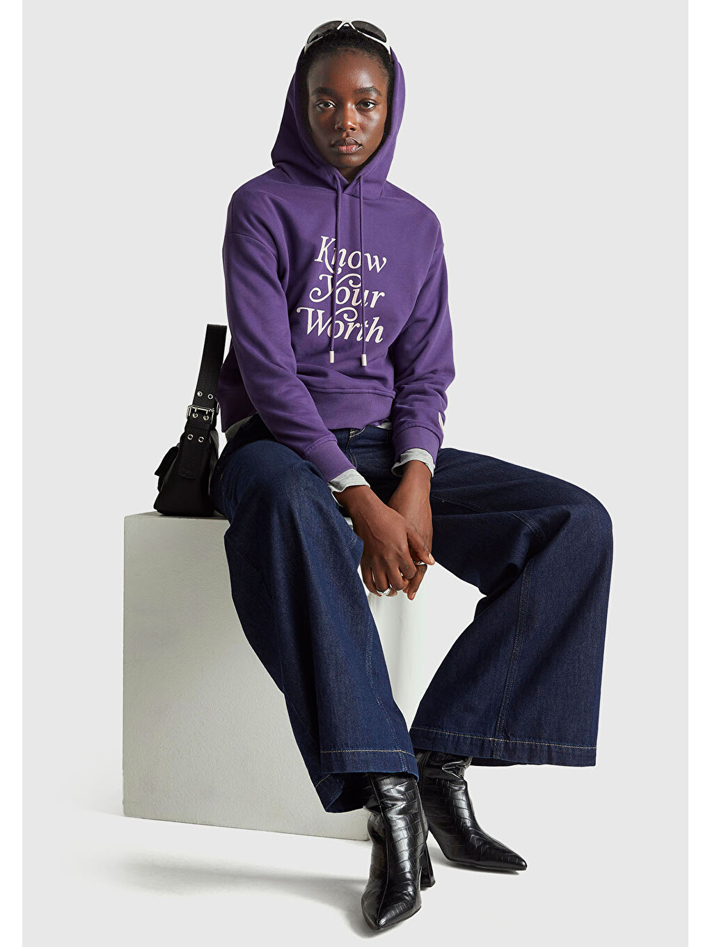 Kadın Mor Pamuk Karışımlı Önü Yazı Baskılı Kapüşonlu Sweatshirt-4