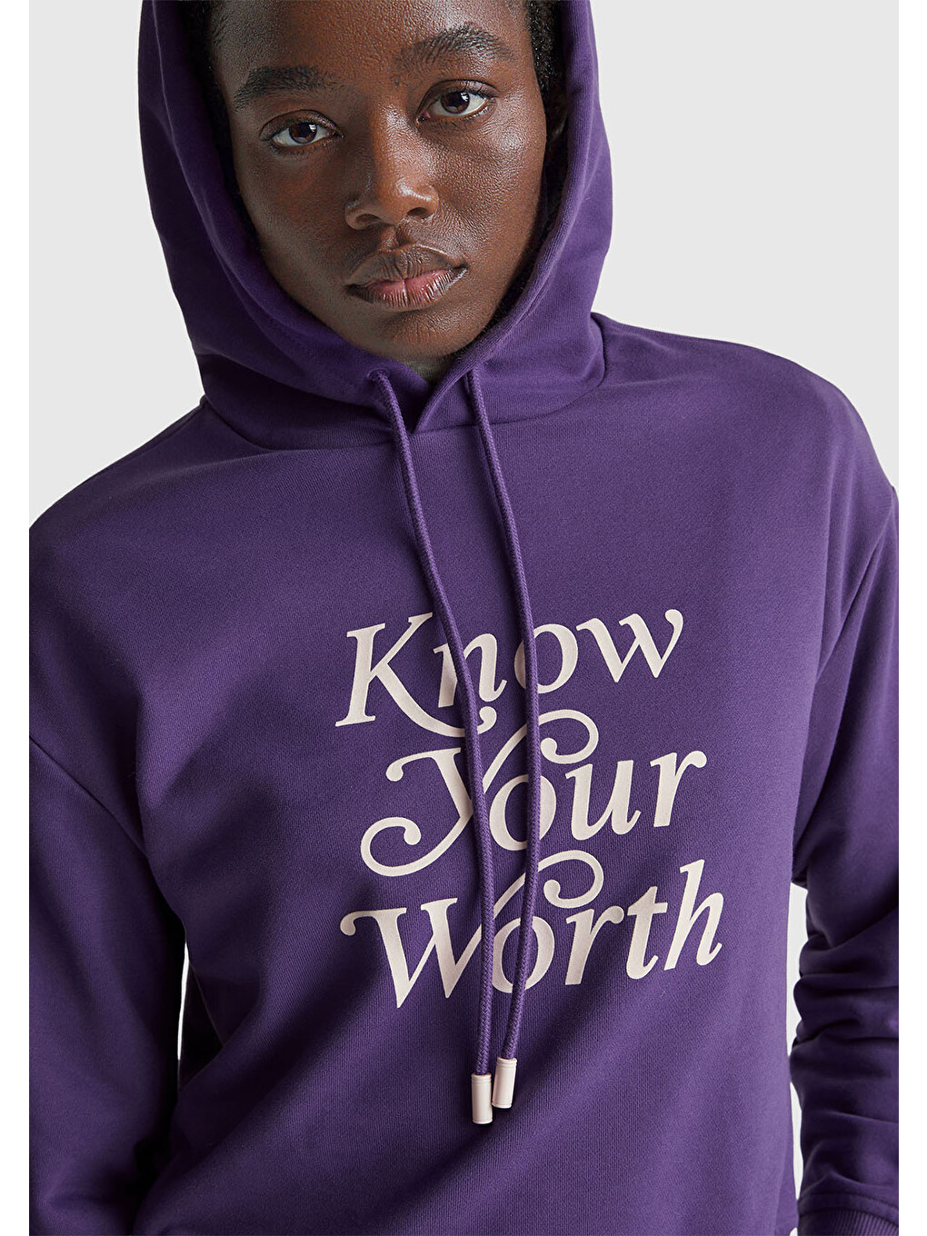 Kadın Mor Pamuk Karışımlı Önü Yazı Baskılı Kapüşonlu Sweatshirt-5