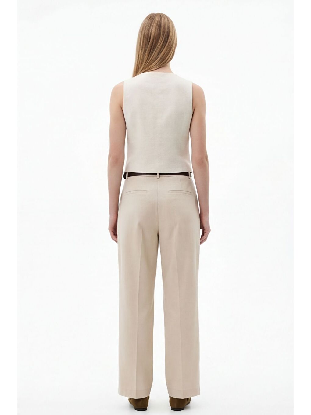 Bej Yüksek Bel Kemerli Pileli Pantolon Taş-4