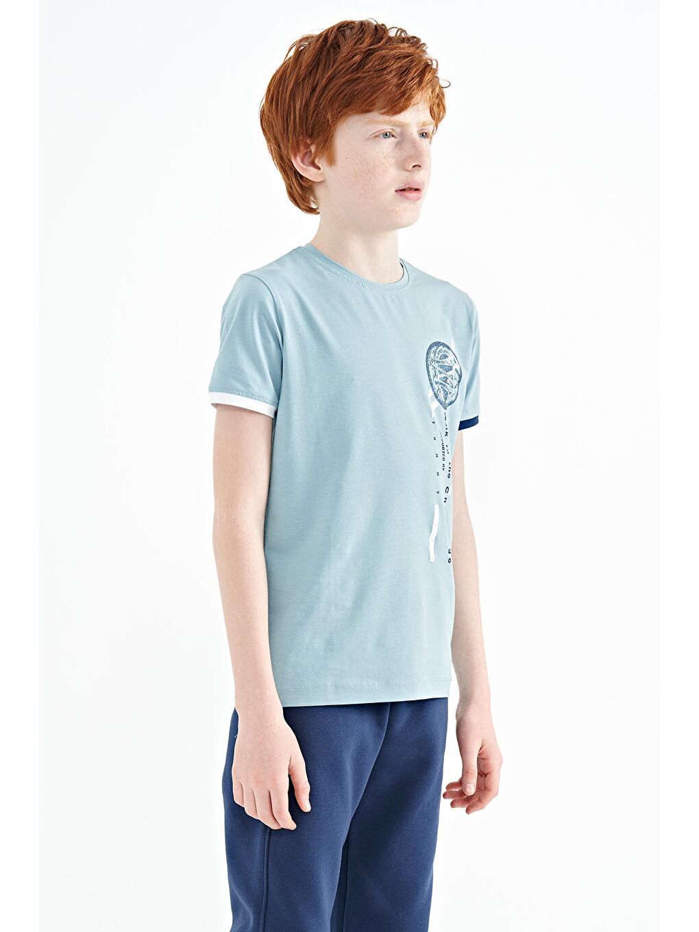 Açık Mavi Baskı Detaylı O Yaka Standart Kalıp Erkek Çocuk T-Shirt - 11131-4