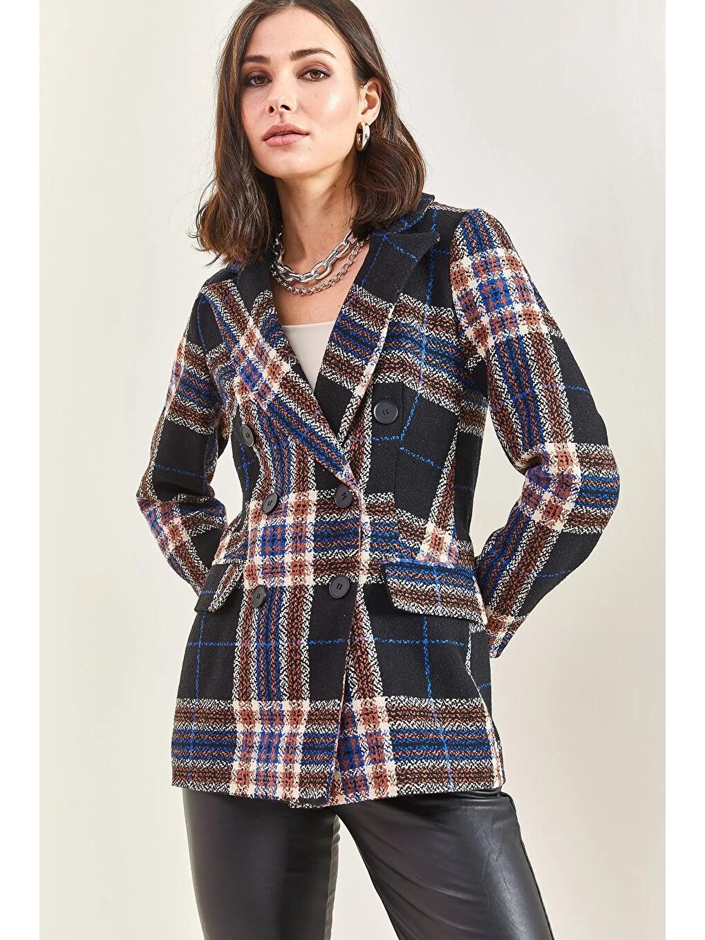 Siyah Kadın Desenli Kaşe Ceket 3001-3