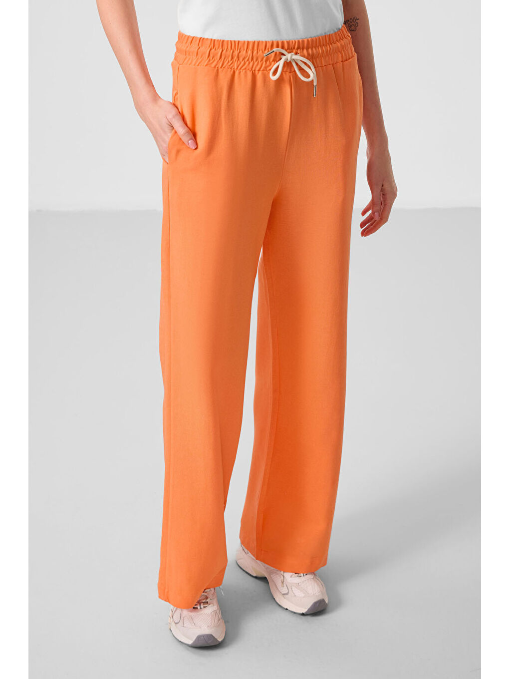 Turuncu Oranj Keten Geniş Paça Rahat Form Kadın Palazzo Pantolon - 94675-3