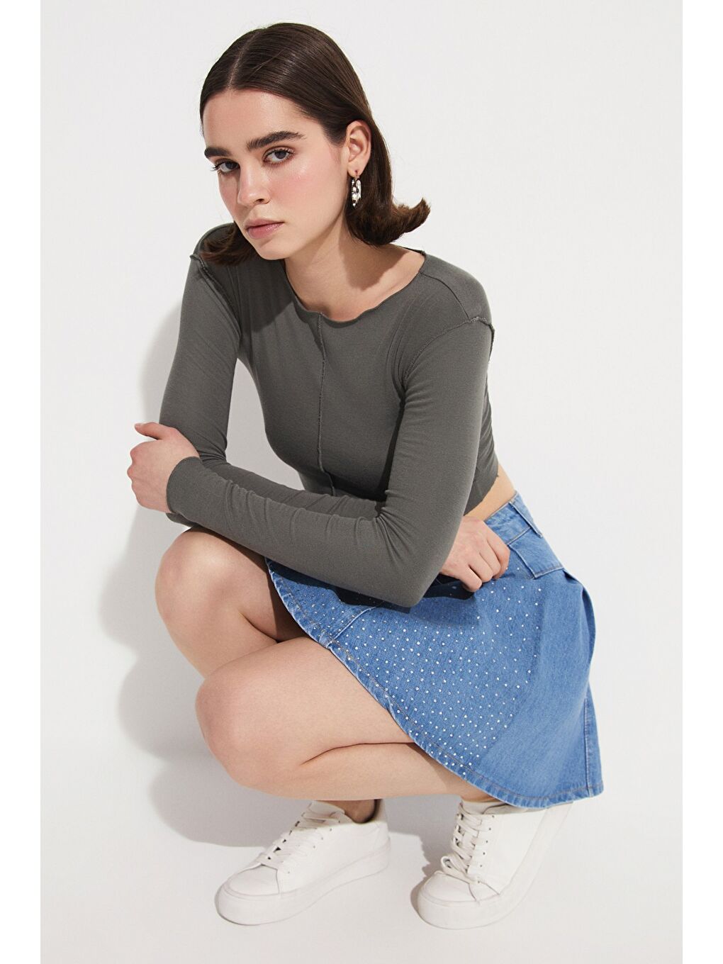 Mavi Taşlı Jean Etek-2