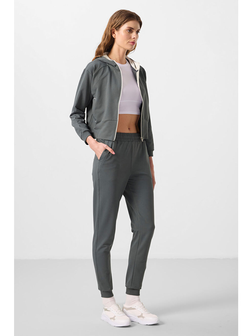 Haki Kapüşonlu Fermuarlı Oversize Kadın Eşofman Takım   95328-3