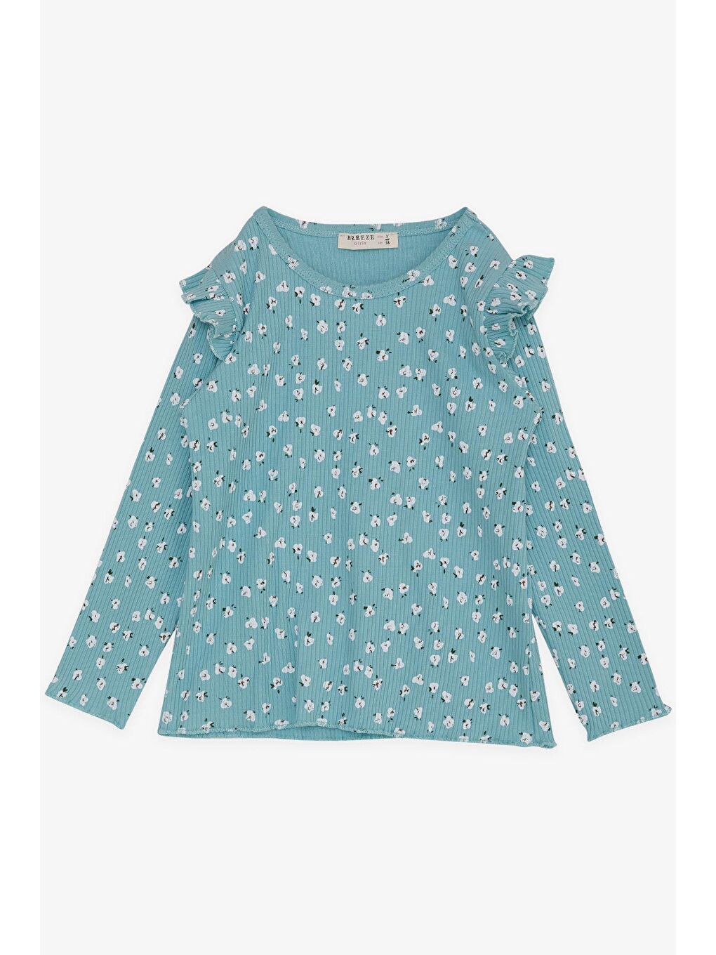 Turkuaz Kız Çocuk Uzun Kollu Tişört Çiçek Desenli Omuzu Fırfırlı Su Yeşili (2-6 Yaş)