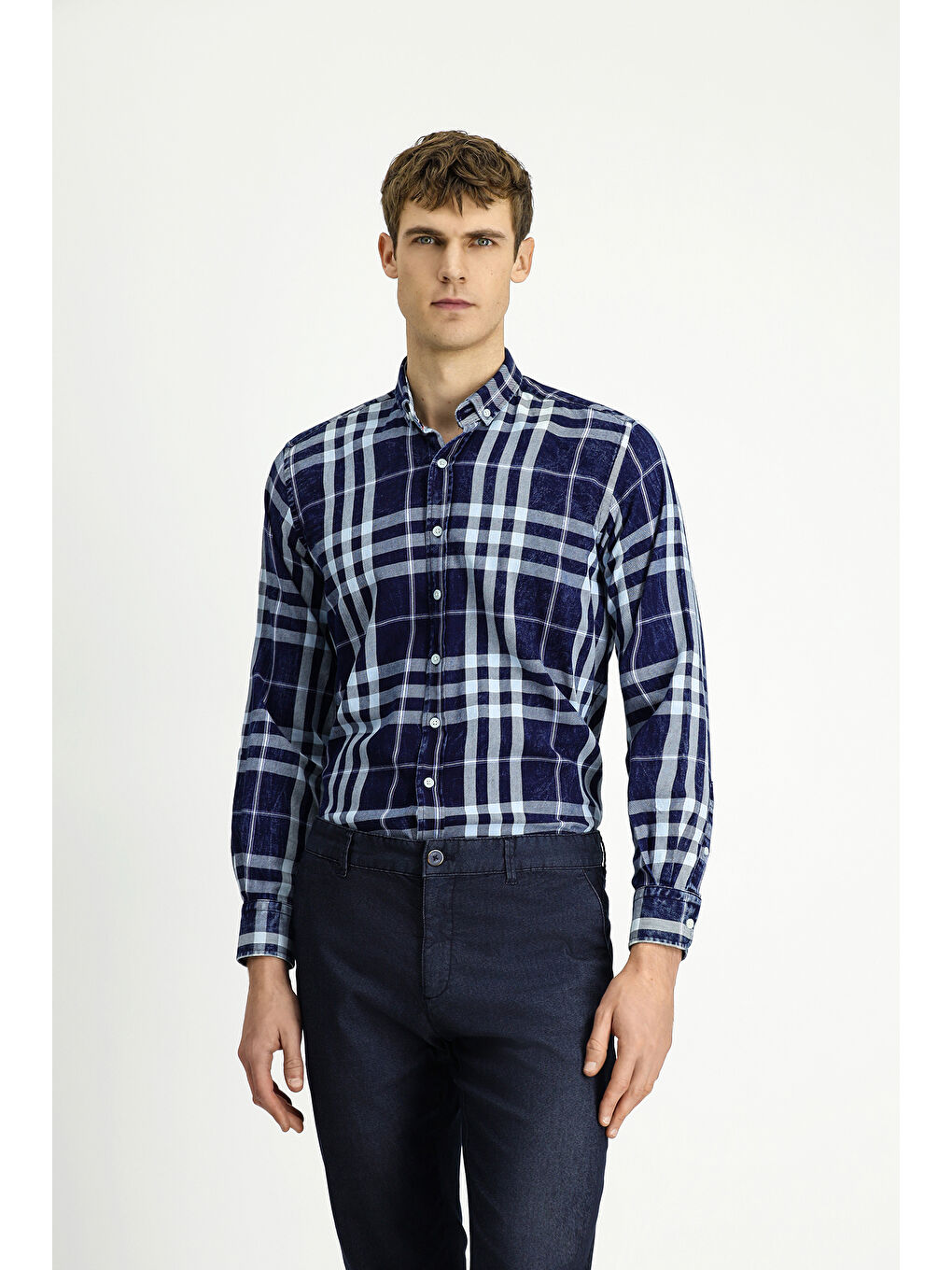 Lacivert Uzun Kol Regular Fit Ekose Spor Düğmeli Yaka Pamuk Gömlek
