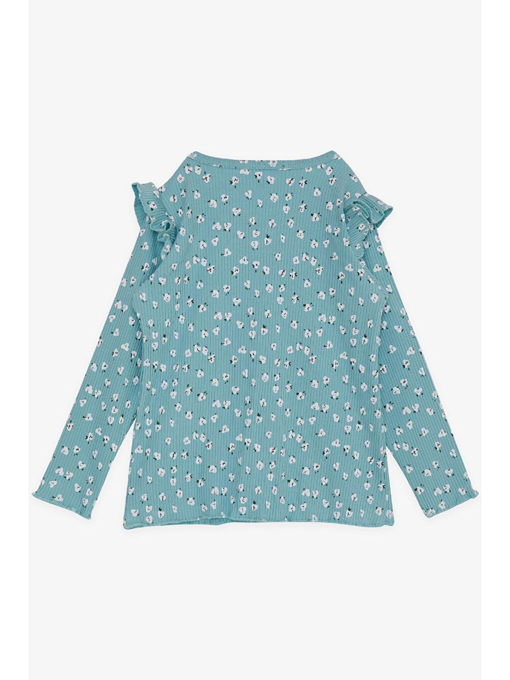 Turkuaz Kız Çocuk Uzun Kollu Tişört Çiçek Desenli Omuzu Fırfırlı Su Yeşili (2-6 Yaş)-2