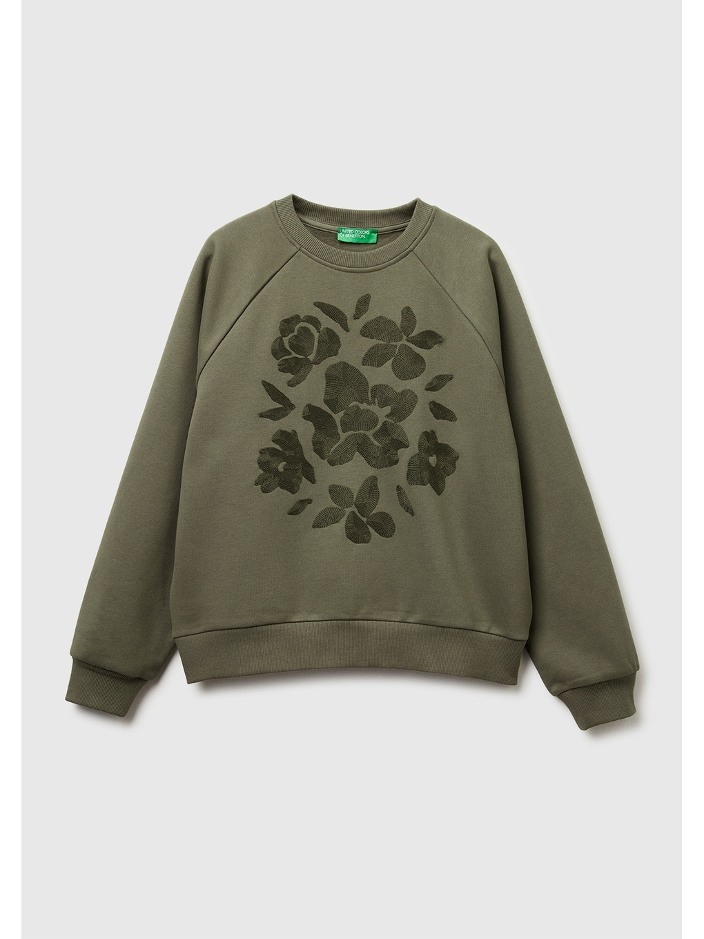 Kadın Haki Pamuk Karışımlı Önü Çiçek Desenli Bisiklet Yaka Sweatshirt-1