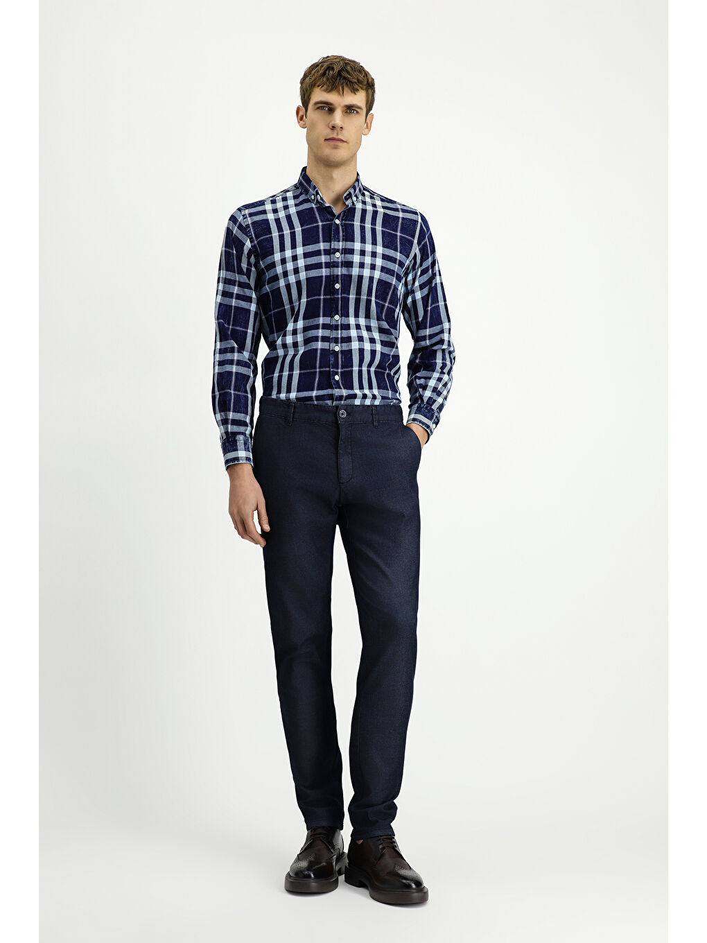 Lacivert Uzun Kol Regular Fit Ekose Spor Düğmeli Yaka Pamuk Gömlek-1