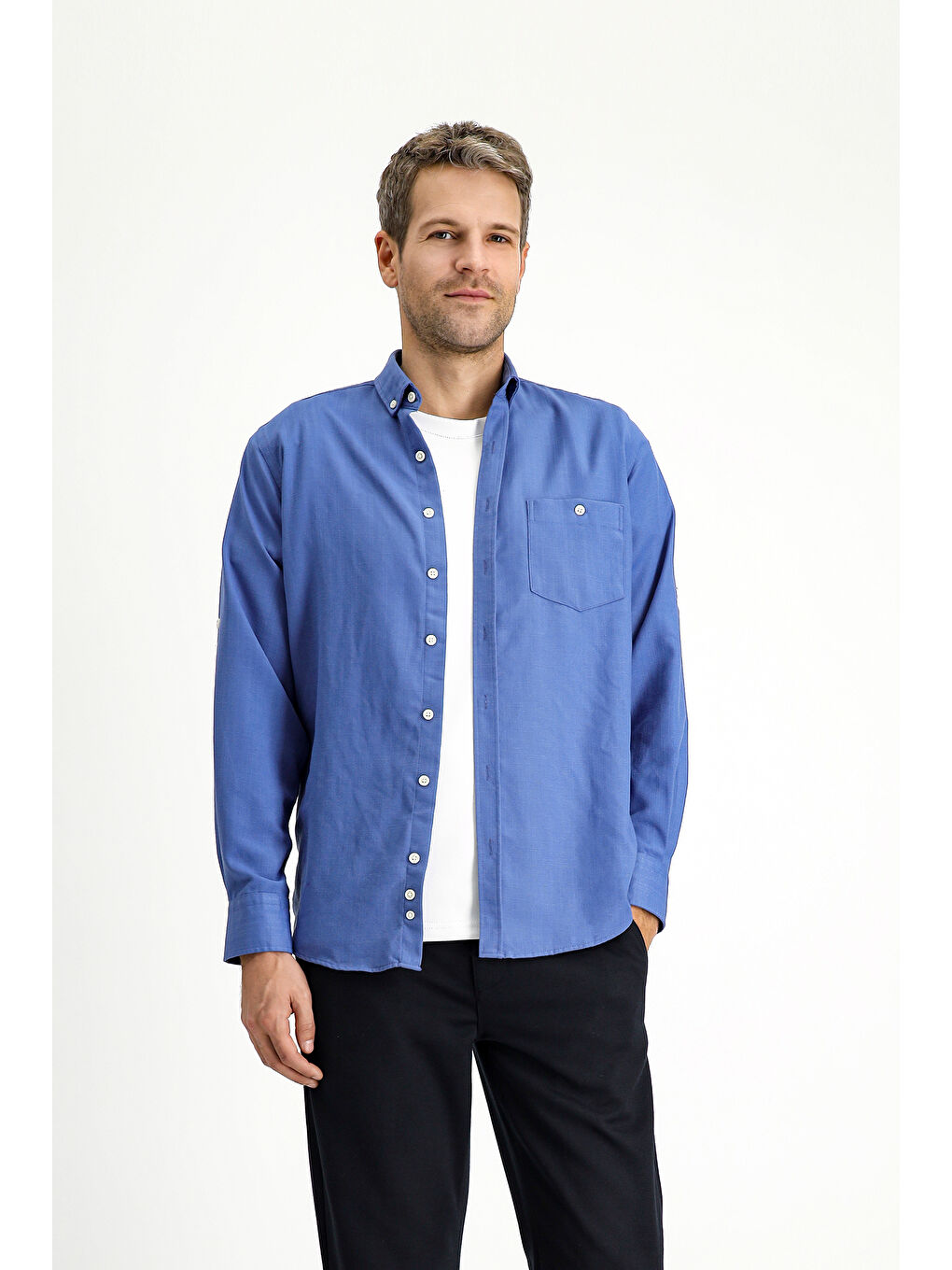 Mavi Uzun Kol Regular Fit Spor Düğmeli Yaka Gömlek-4