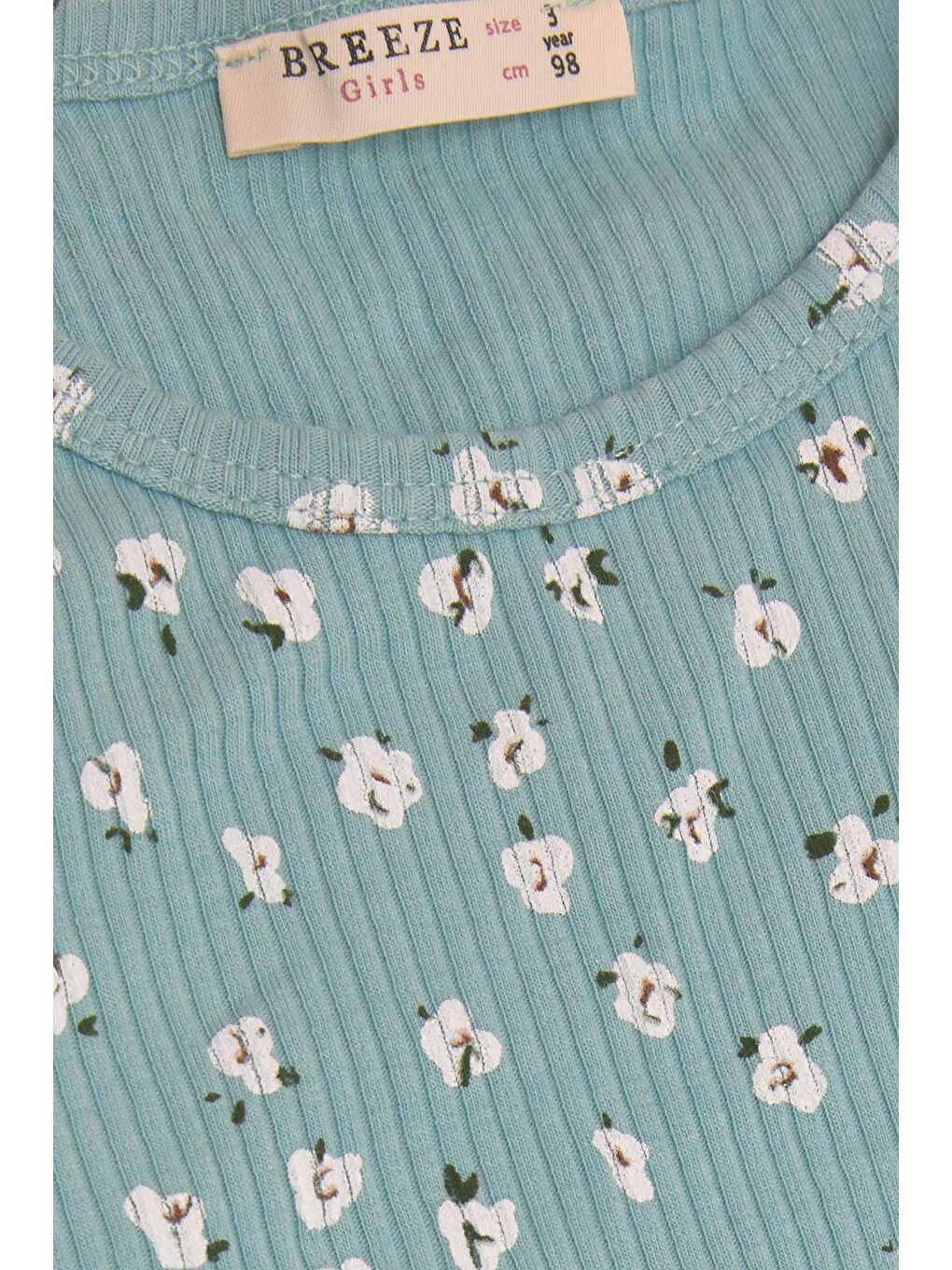 Turkuaz Kız Çocuk Uzun Kollu Tişört Çiçek Desenli Omuzu Fırfırlı Su Yeşili (2-6 Yaş)-1