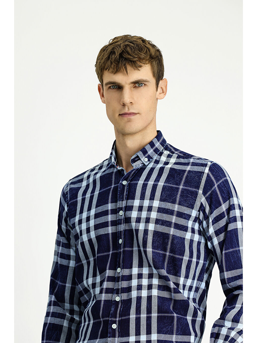 Lacivert Uzun Kol Regular Fit Ekose Spor Düğmeli Yaka Pamuk Gömlek-2