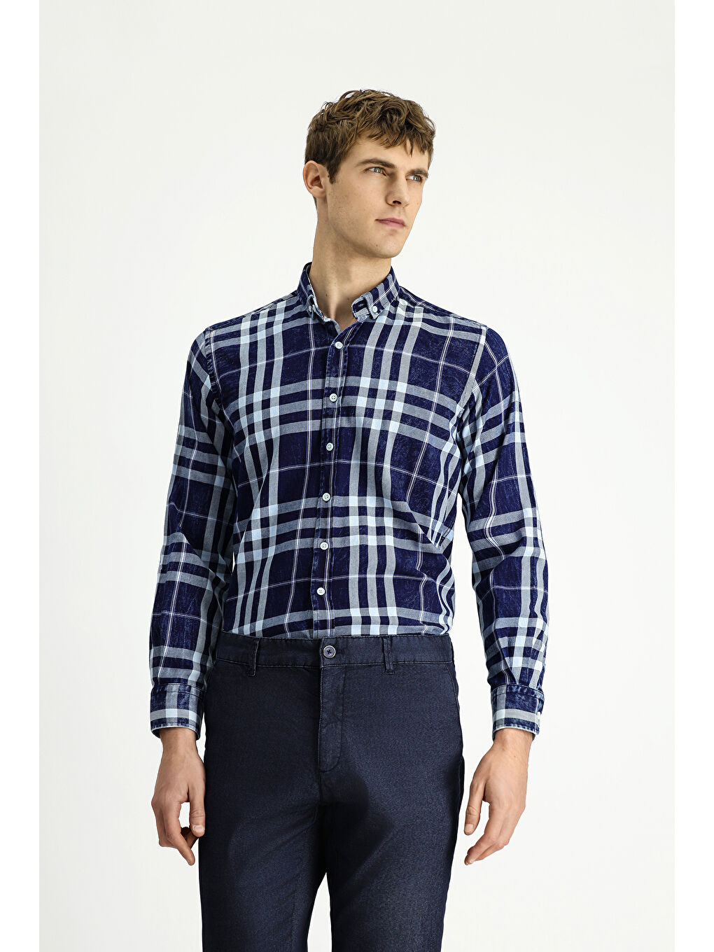 Lacivert Uzun Kol Regular Fit Ekose Spor Düğmeli Yaka Pamuk Gömlek-3