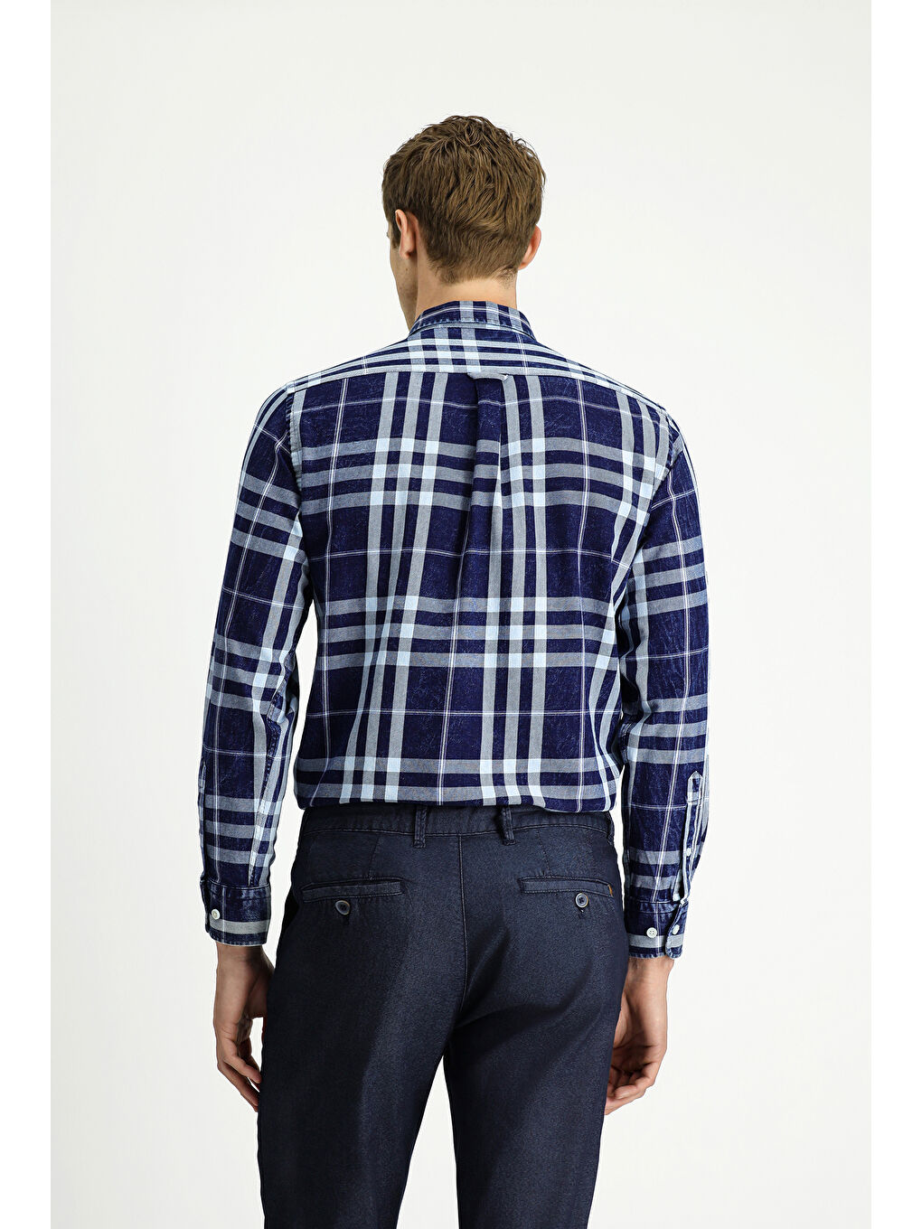 Lacivert Uzun Kol Regular Fit Ekose Spor Düğmeli Yaka Pamuk Gömlek-4