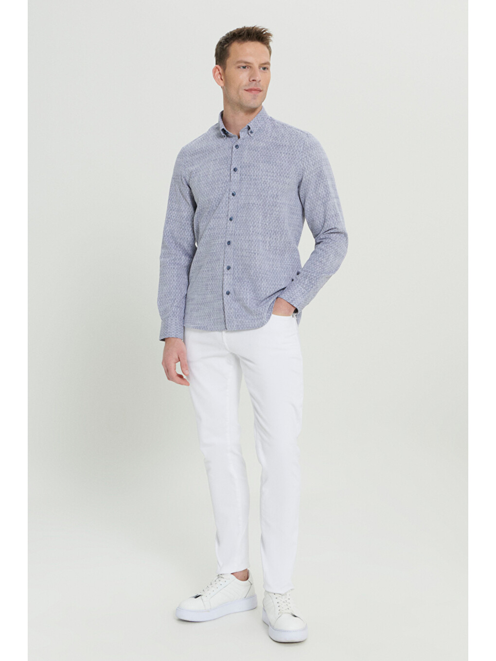Erkek Lacivert Slim Fit Dar Kesim %100 Pamuk Armürlü Düğmeli Yaka Casual Gömlek-1