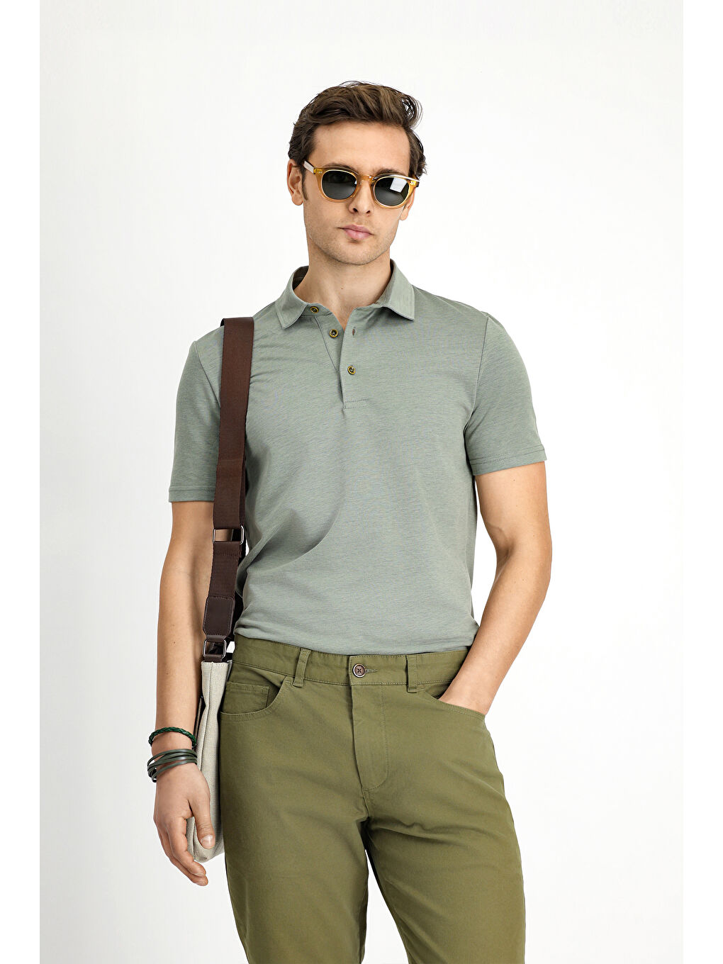 Haki Slim Fit Dar Kesim Pamuklu Polo Yaka Tişört