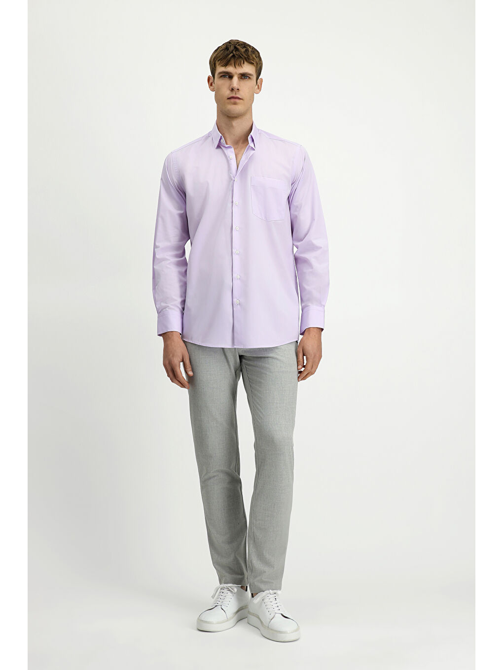 Pembe Uzun Kol Klasik Pamuklu Bambu Gömlek-1