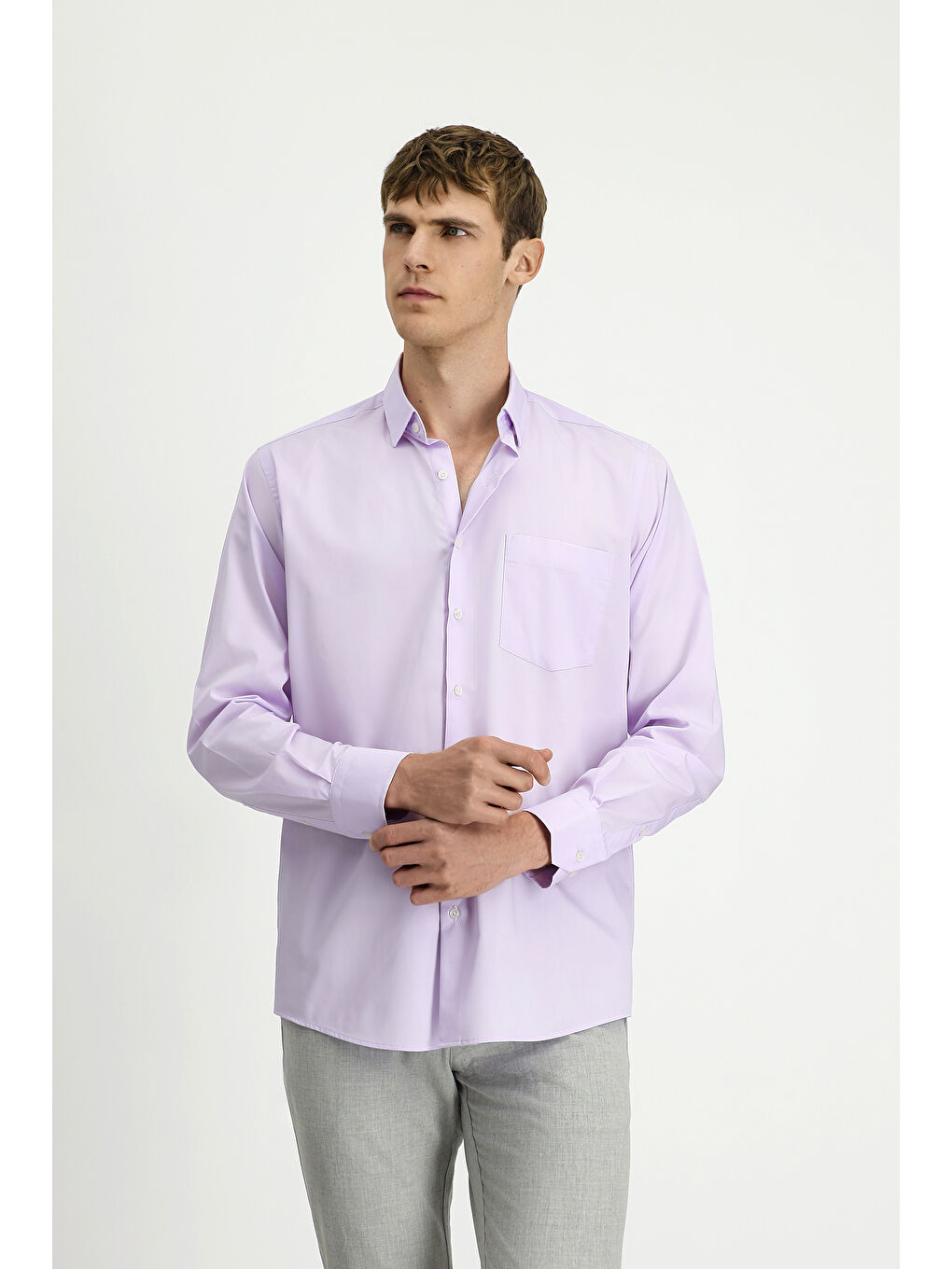 Pembe Uzun Kol Klasik Pamuklu Bambu Gömlek-3