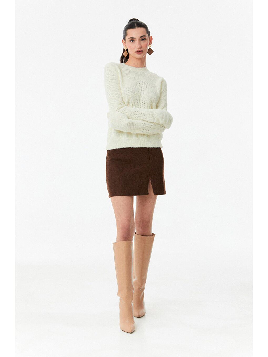 Ekru Bisiklet Yaka Triko Kazak-1