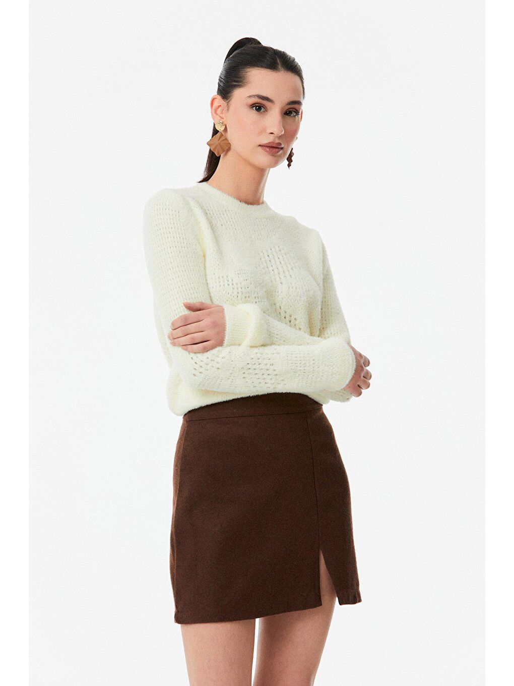 Ekru Bisiklet Yaka Triko Kazak-2