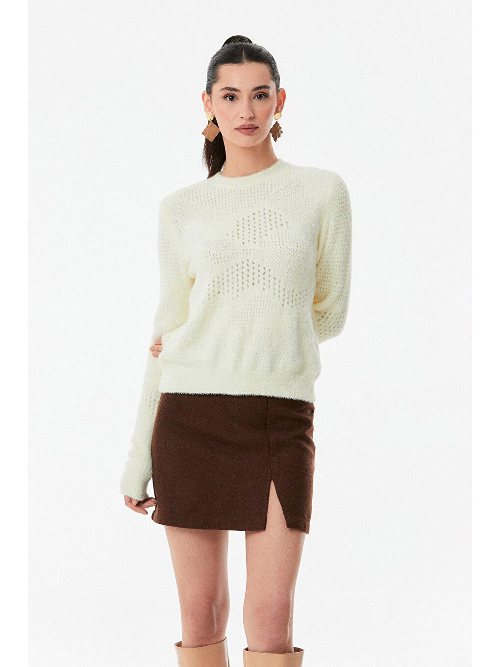 Ekru Bisiklet Yaka Triko Kazak-3