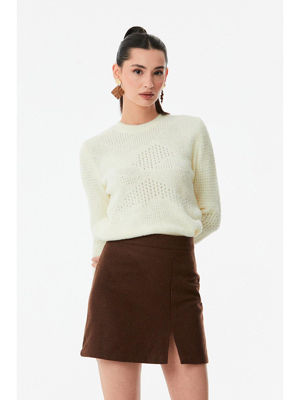 Ekru Bisiklet Yaka Triko Kazak-4