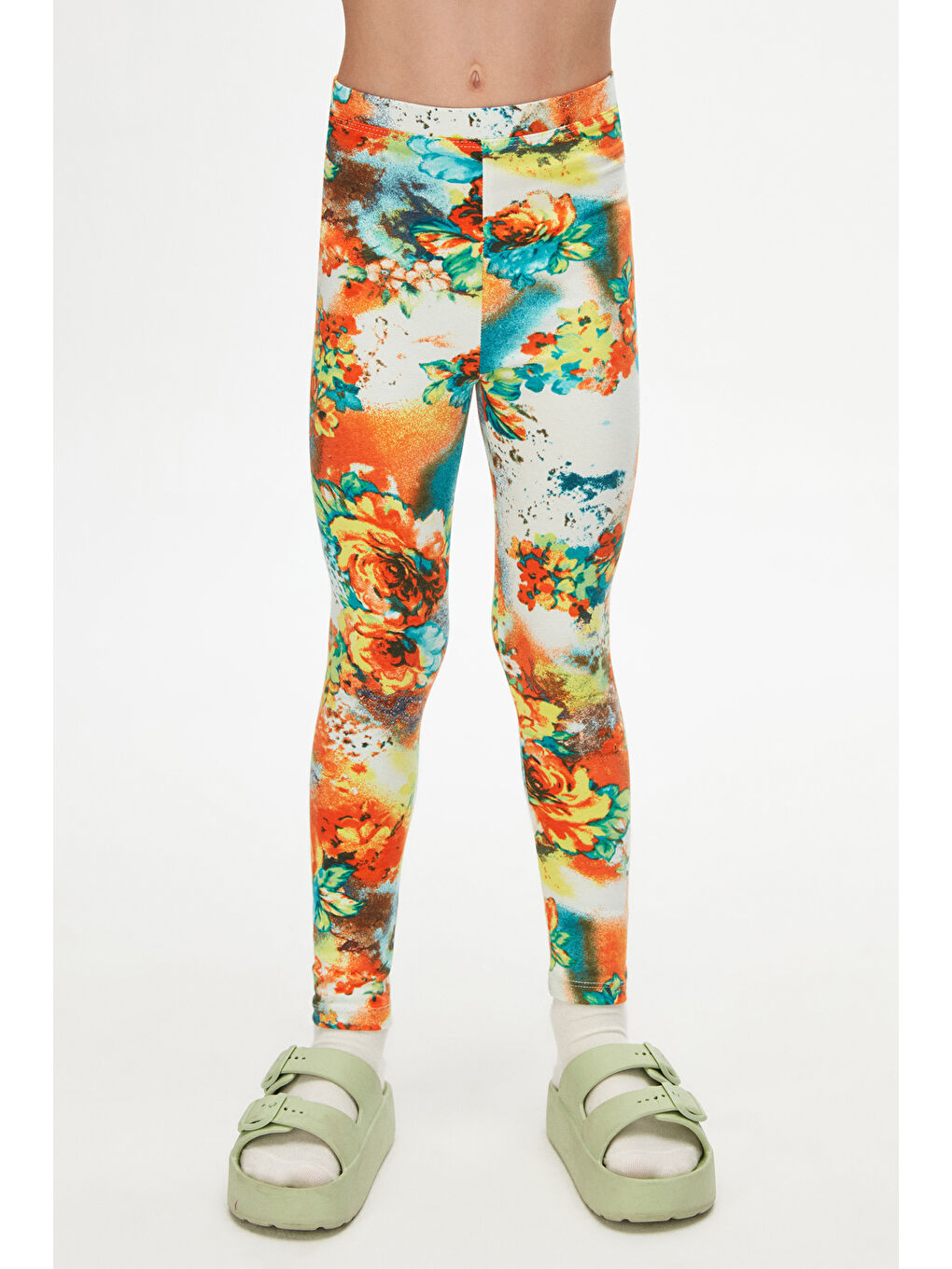 Karışık Kız Çocuk Turuncu Çiçek Desen Hafif Şardonlu Kışlık Tayt-1