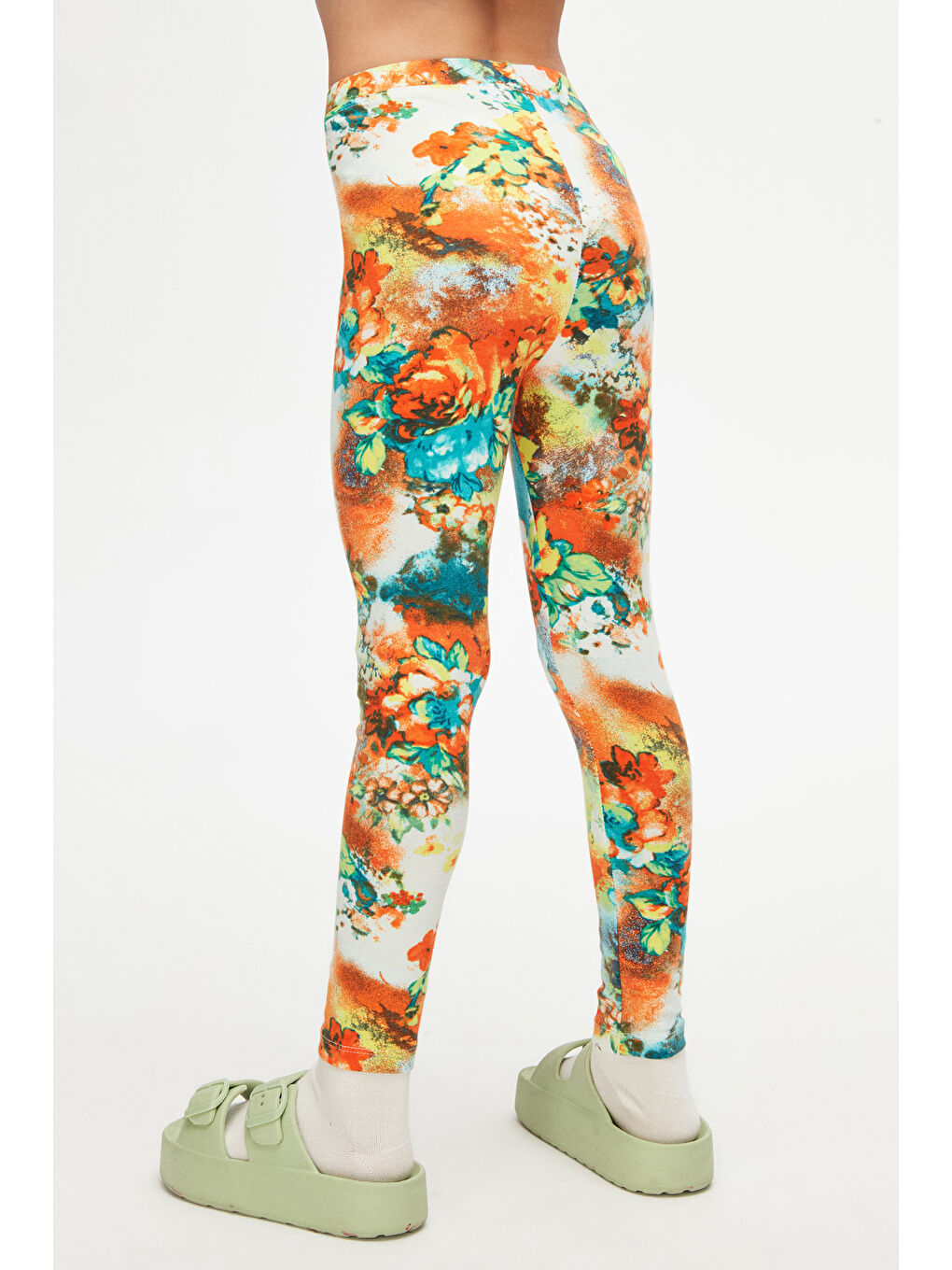 Karışık Kız Çocuk Turuncu Çiçek Desen Hafif Şardonlu Kışlık Tayt-3