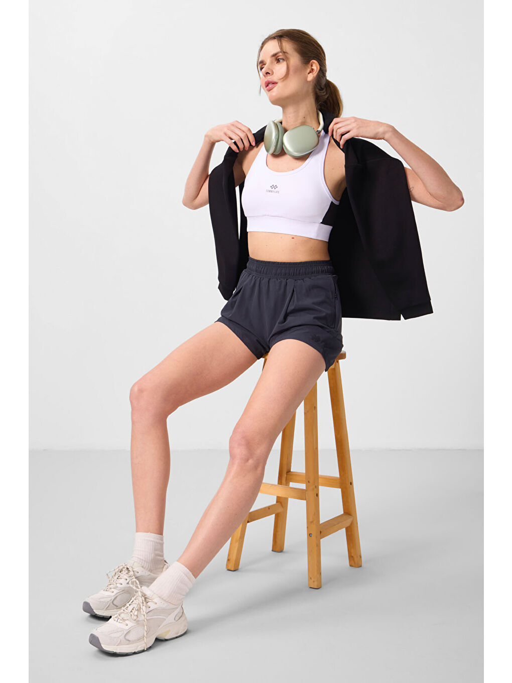 Antrasit Polyester Gizli Cep Fermuarlı Rahat Form Kadın Şort - 91014-2