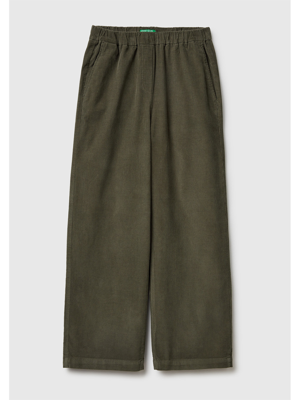 Kadın Haki %100 Pamuk Beli Lastikli Wide Leg Kadife Pantolon-1