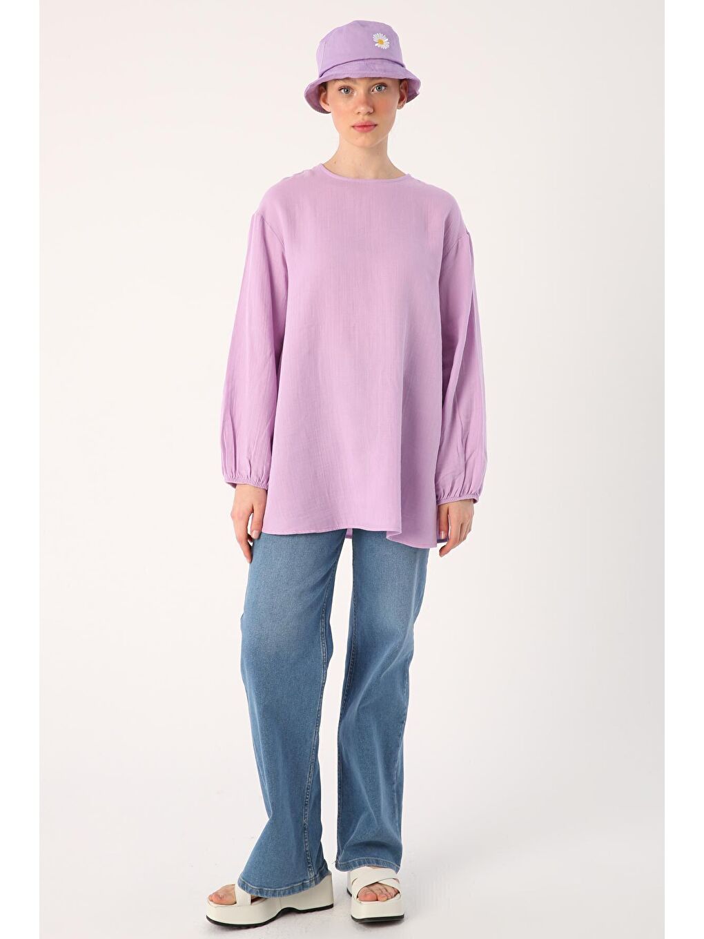 Koyu Lila %100 Pamuk Müslin Kumaş Basic Bluz-1