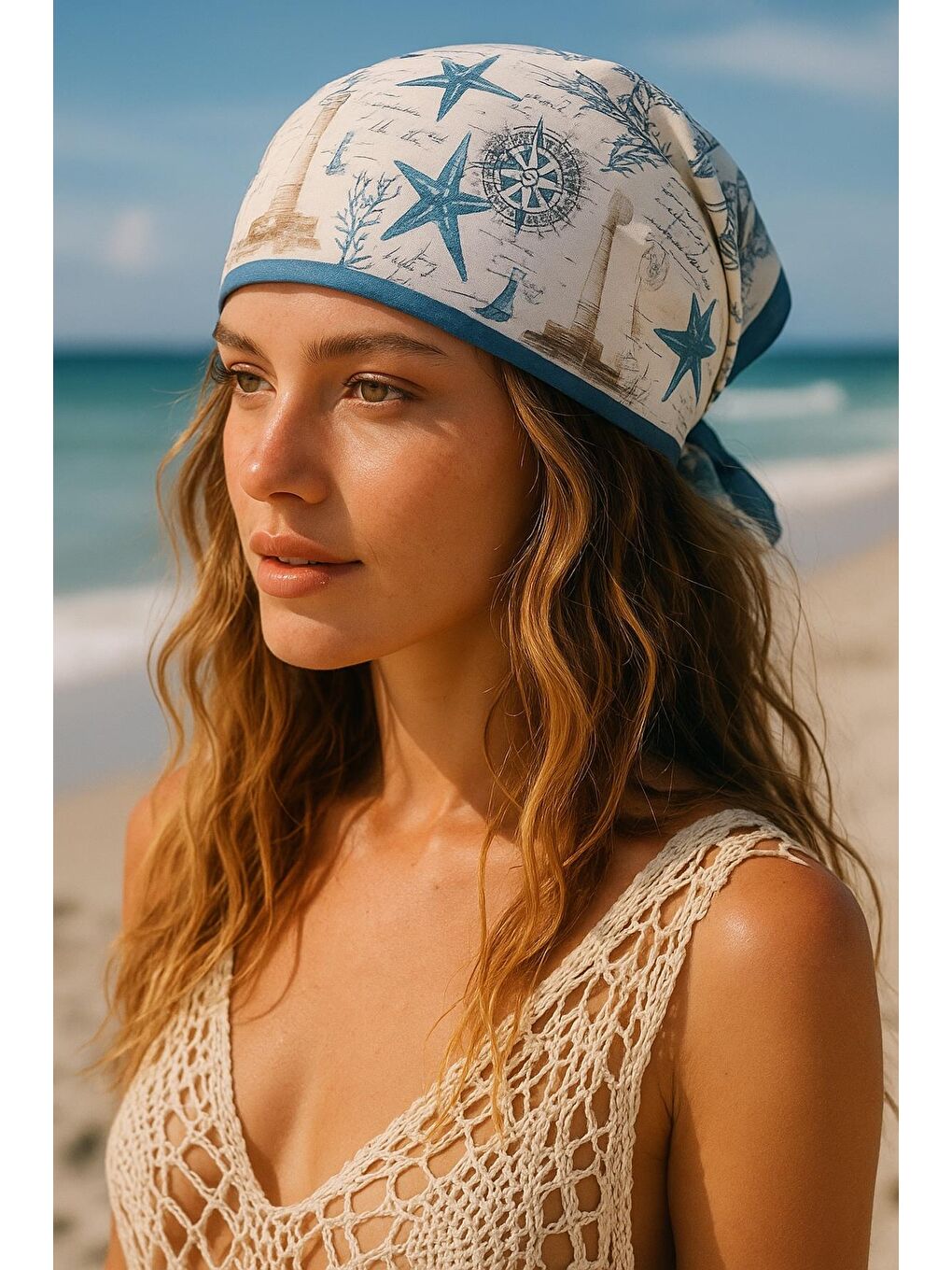 Mavi Bohem Saten Dokulu Bandana Fular