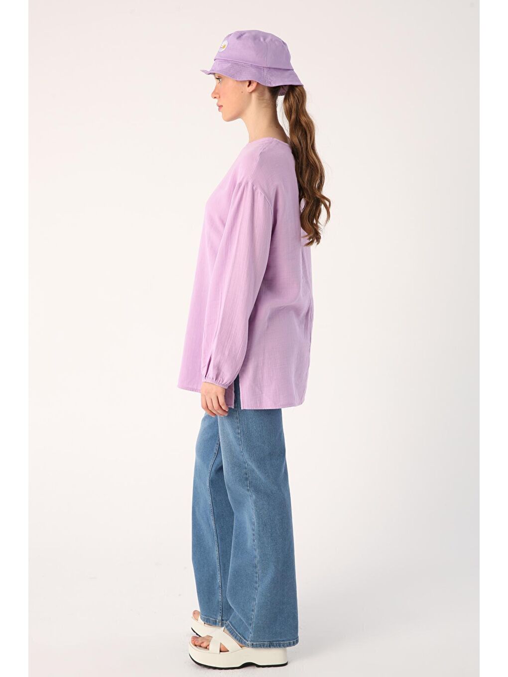 Koyu Lila %100 Pamuk Müslin Kumaş Basic Bluz-2