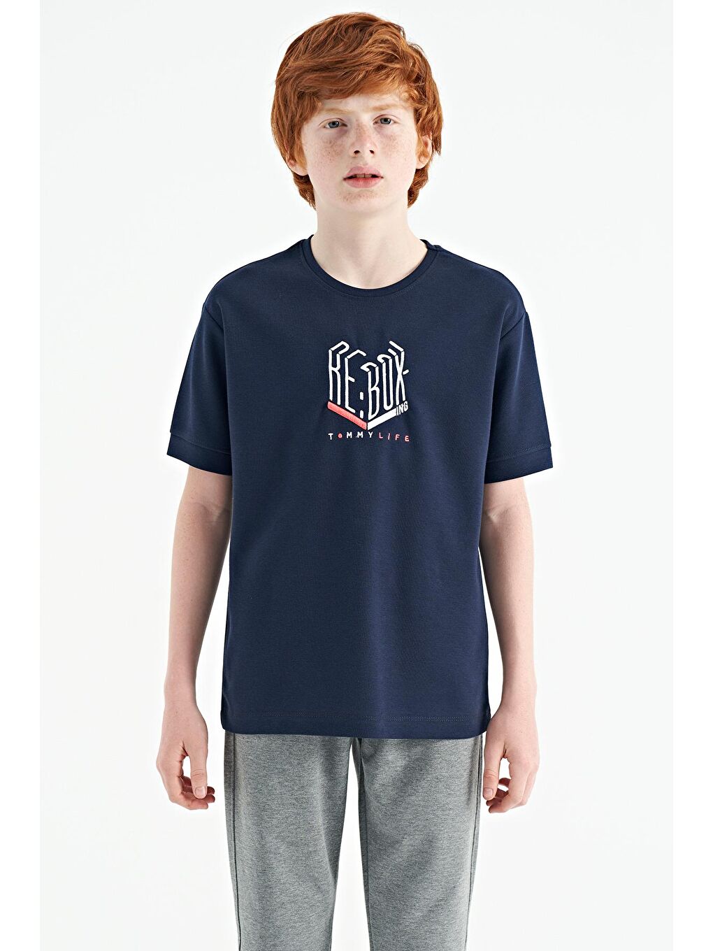 TOMMYLIFE İndigo Yazı Nakışlı O Yaka Oversize Erkek Çocuk T-Shirt - 11151