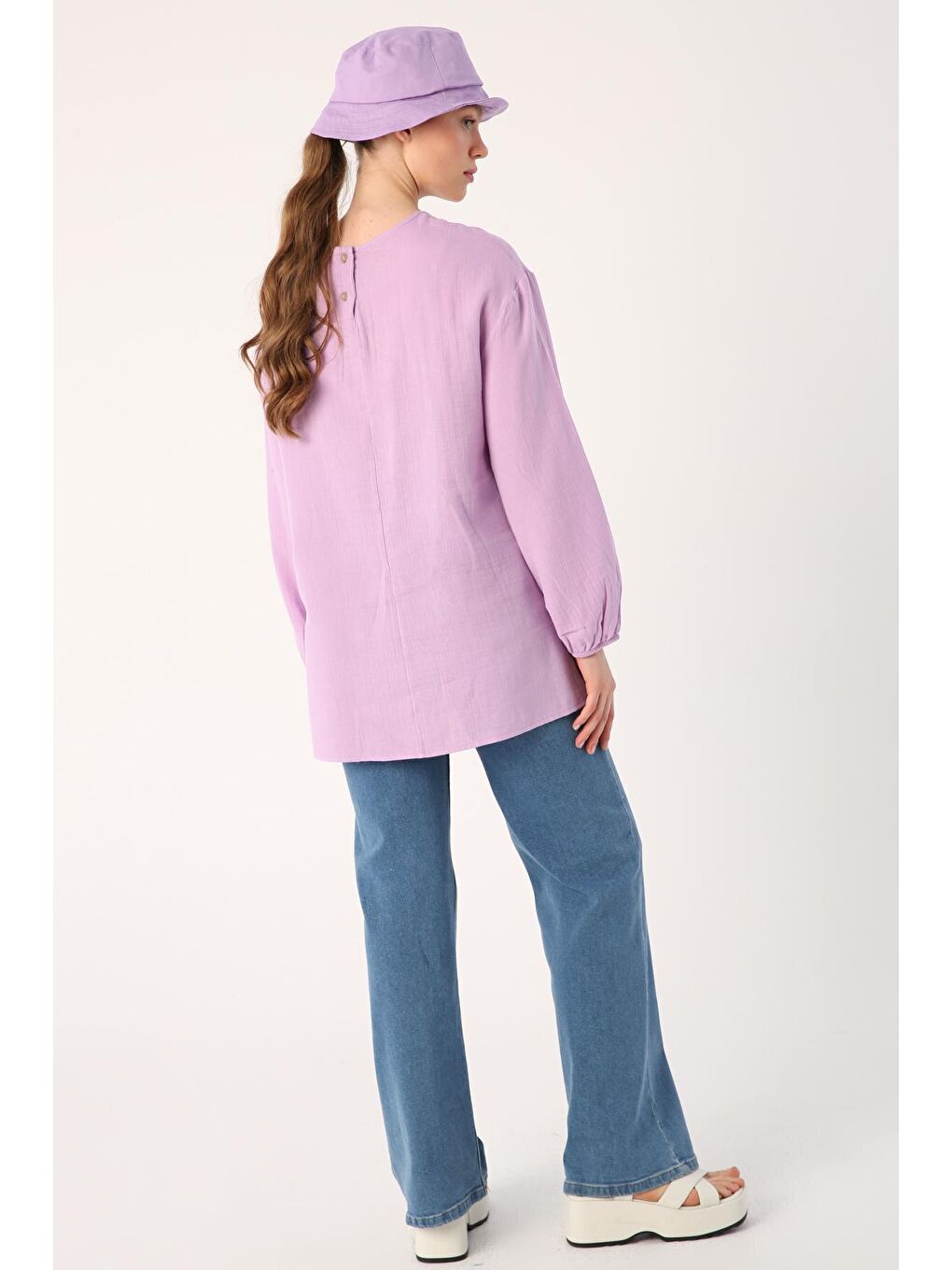 Koyu Lila %100 Pamuk Müslin Kumaş Basic Bluz-3