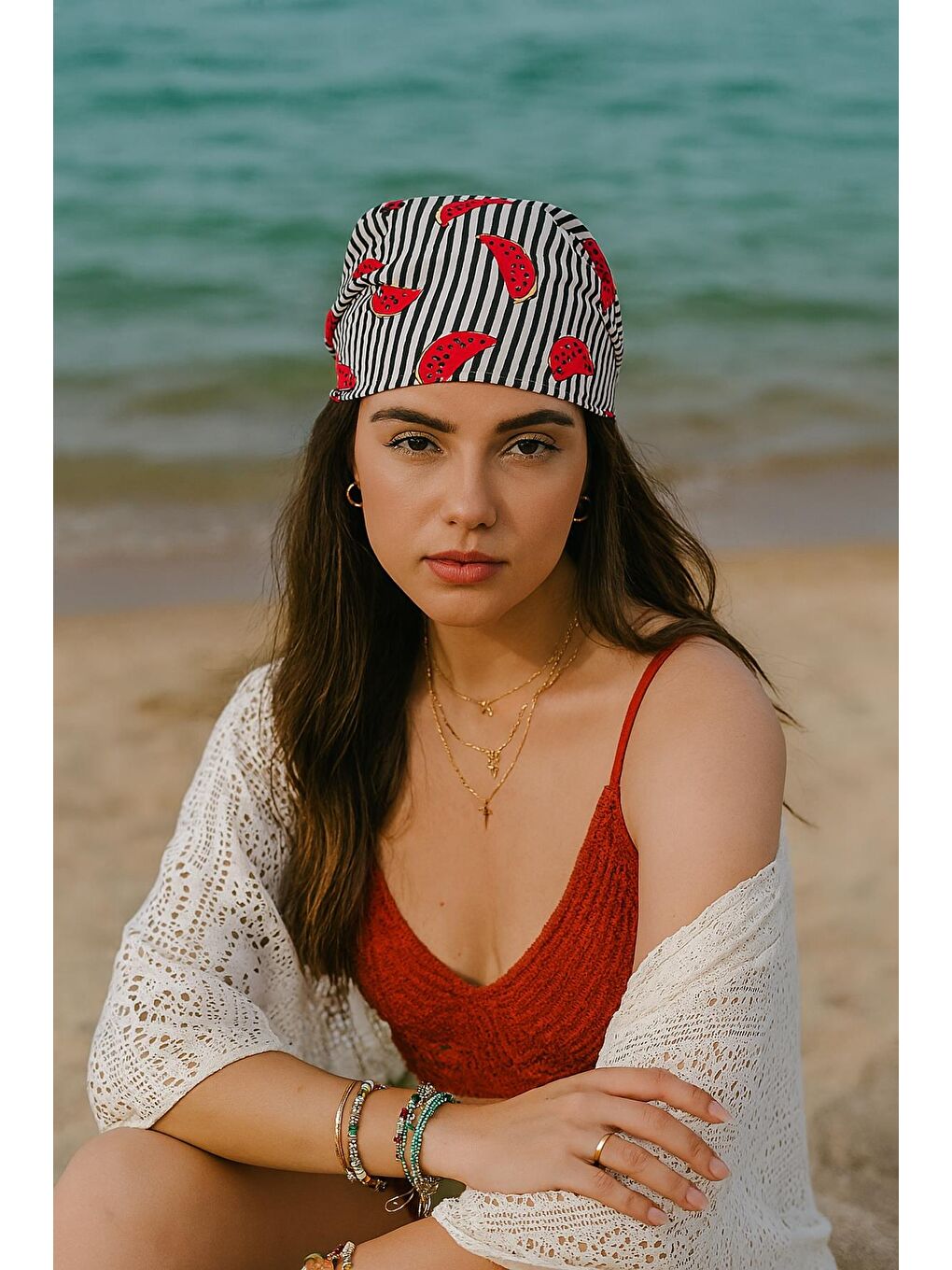 Siyah Bohem Saten Dokulu Bandana Fular