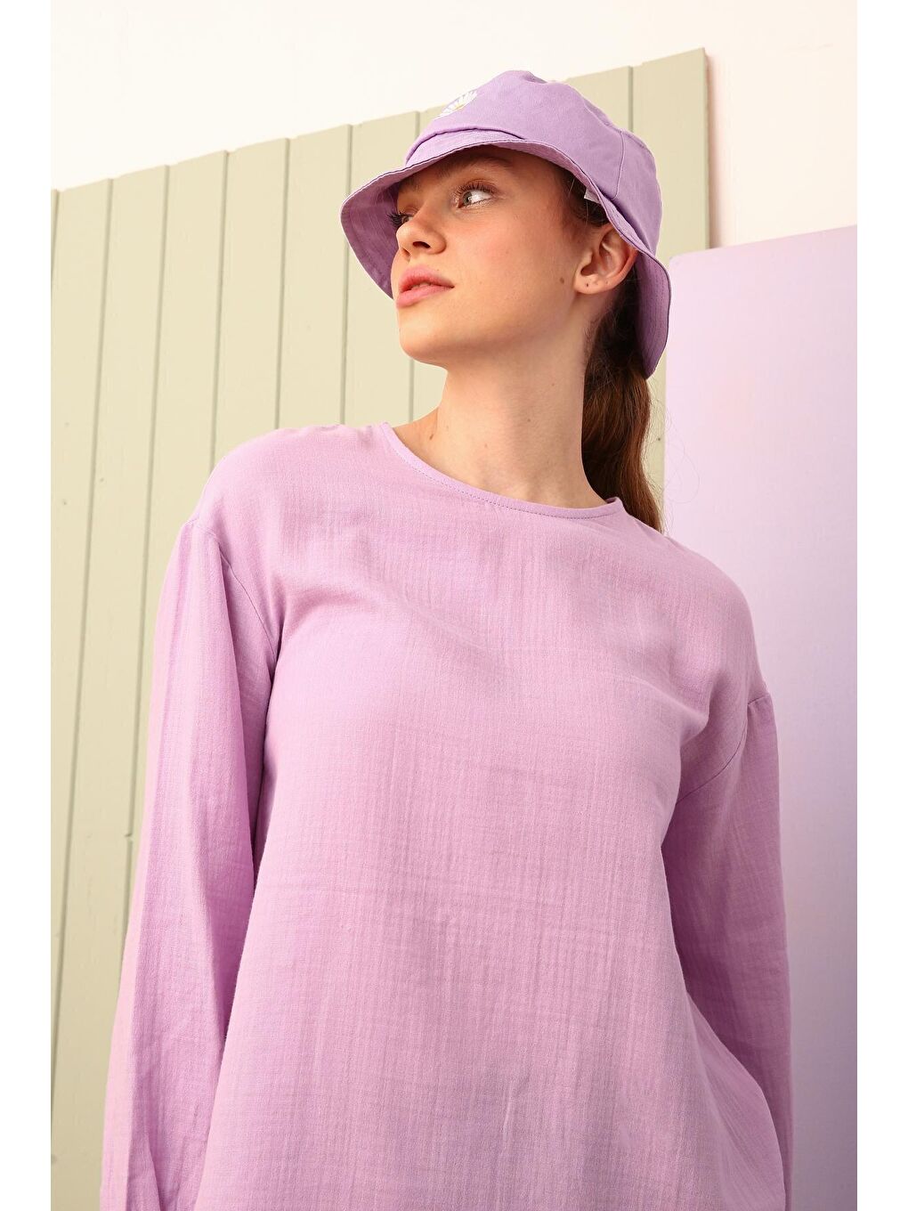 Koyu Lila %100 Pamuk Müslin Kumaş Basic Bluz-4
