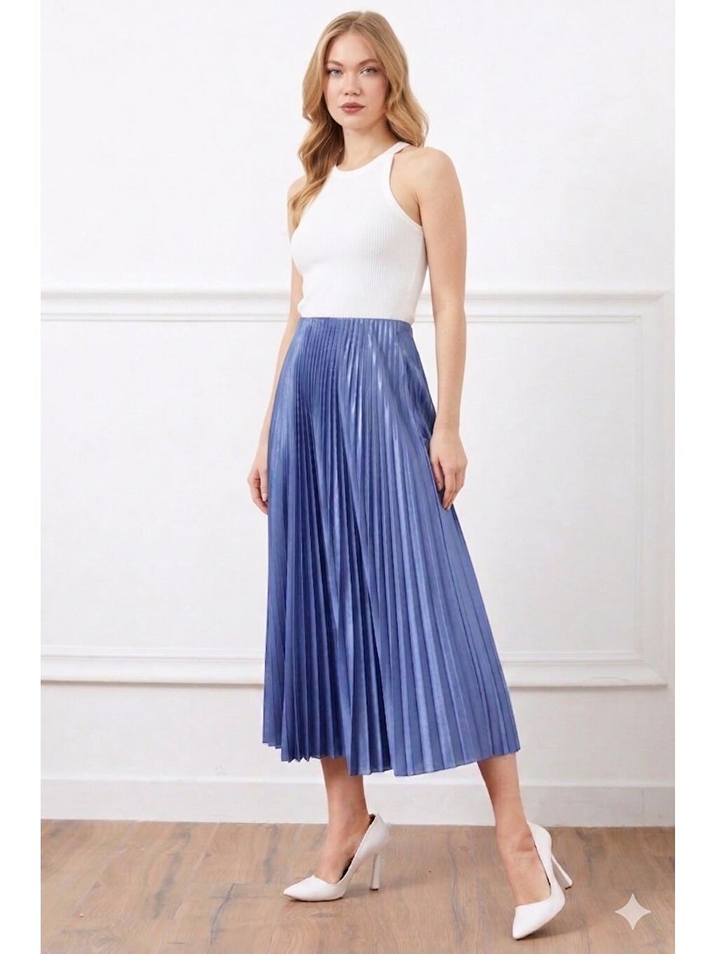 İndigo Piliseli Beli Lastikli Etek