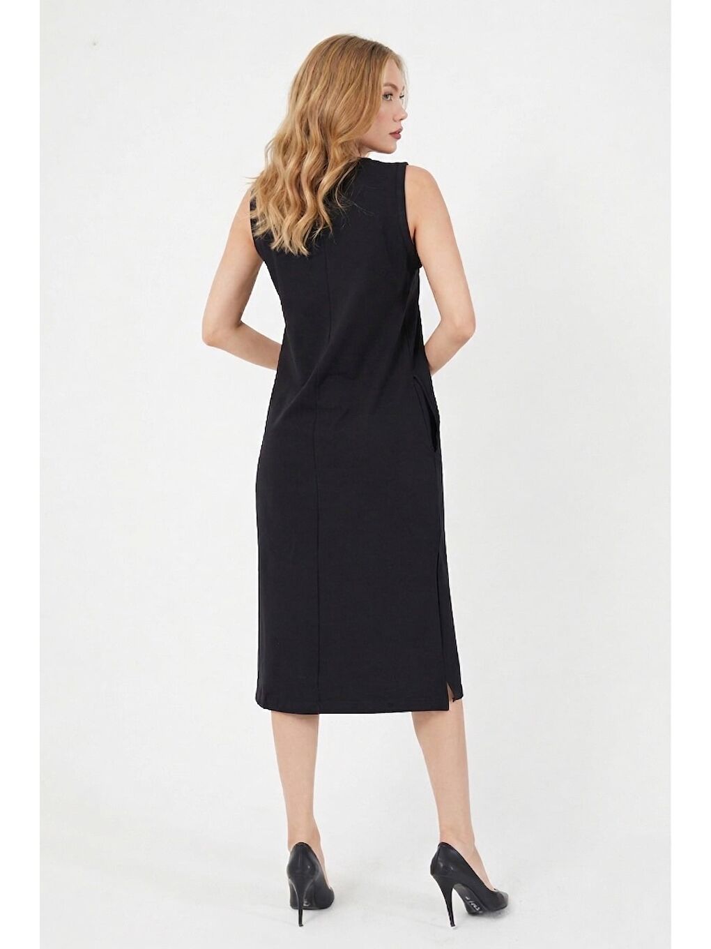 Siyah Fitilli Bisiklet Yaka Mini Boy Triko Elbise-1