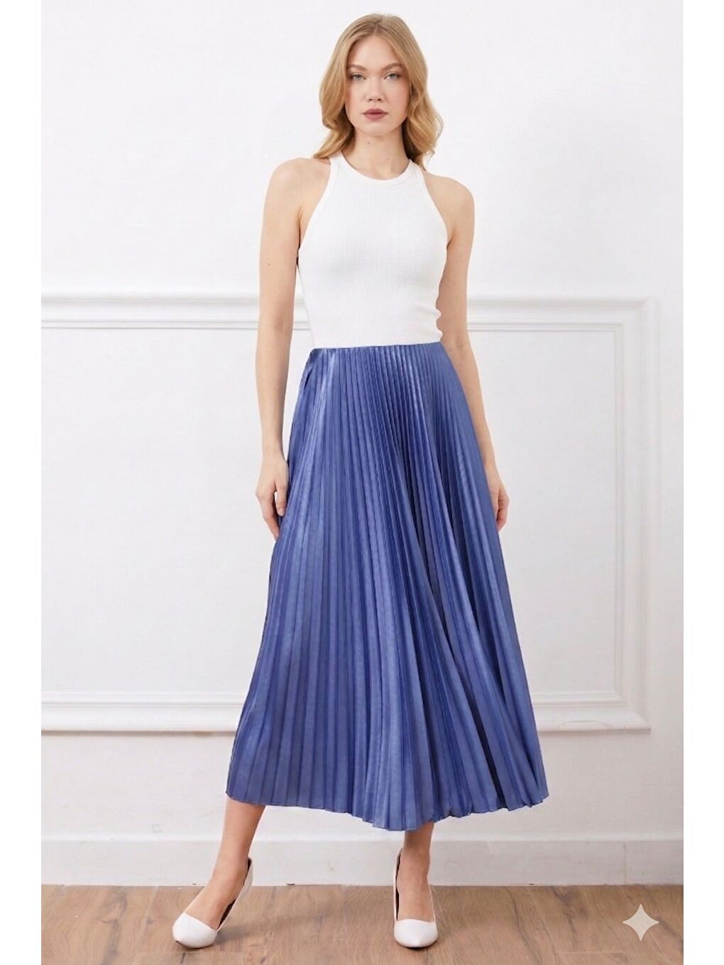 İndigo Piliseli Beli Lastikli Etek-1