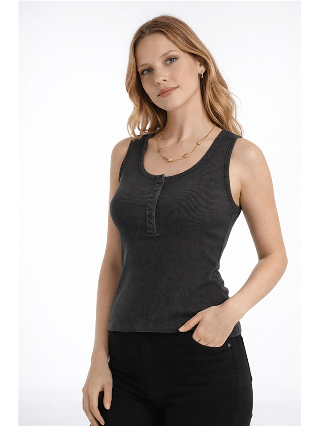 Antrasit Pamuklu Slim Fit Çıtçıt Detaylı Yuvarlak Yaka Kadın Atlet 26Y0059K1