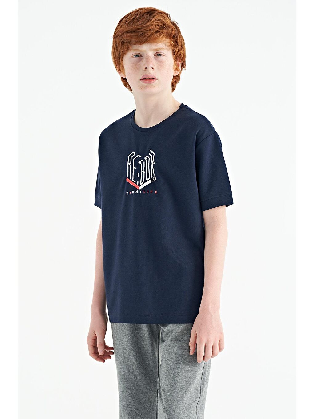 TOMMYLIFE İndigo Yazı Nakışlı O Yaka Oversize Erkek Çocuk T-Shirt - 11151 - 4