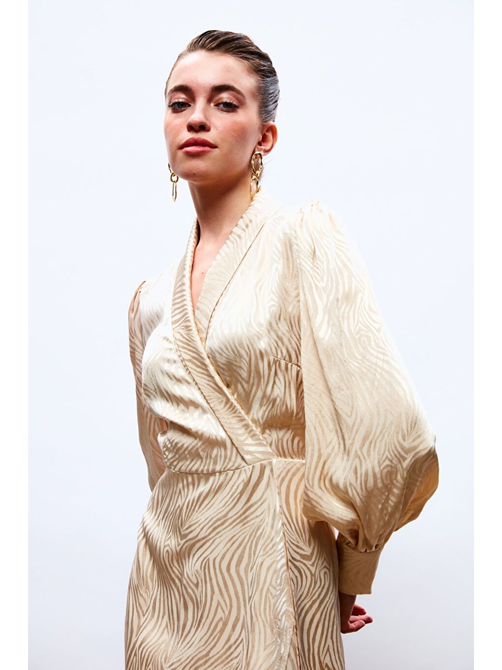 Kruvaze Desenli Uzun Elbise - Bej-3