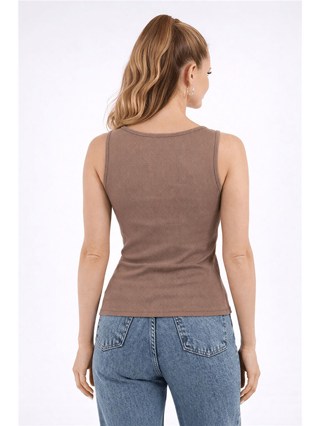 Kahverengi Pamuklu Slim Fit Çıtçıt Detaylı Yuvarlak Yaka Kadın Atlet 26Y0059K1-3