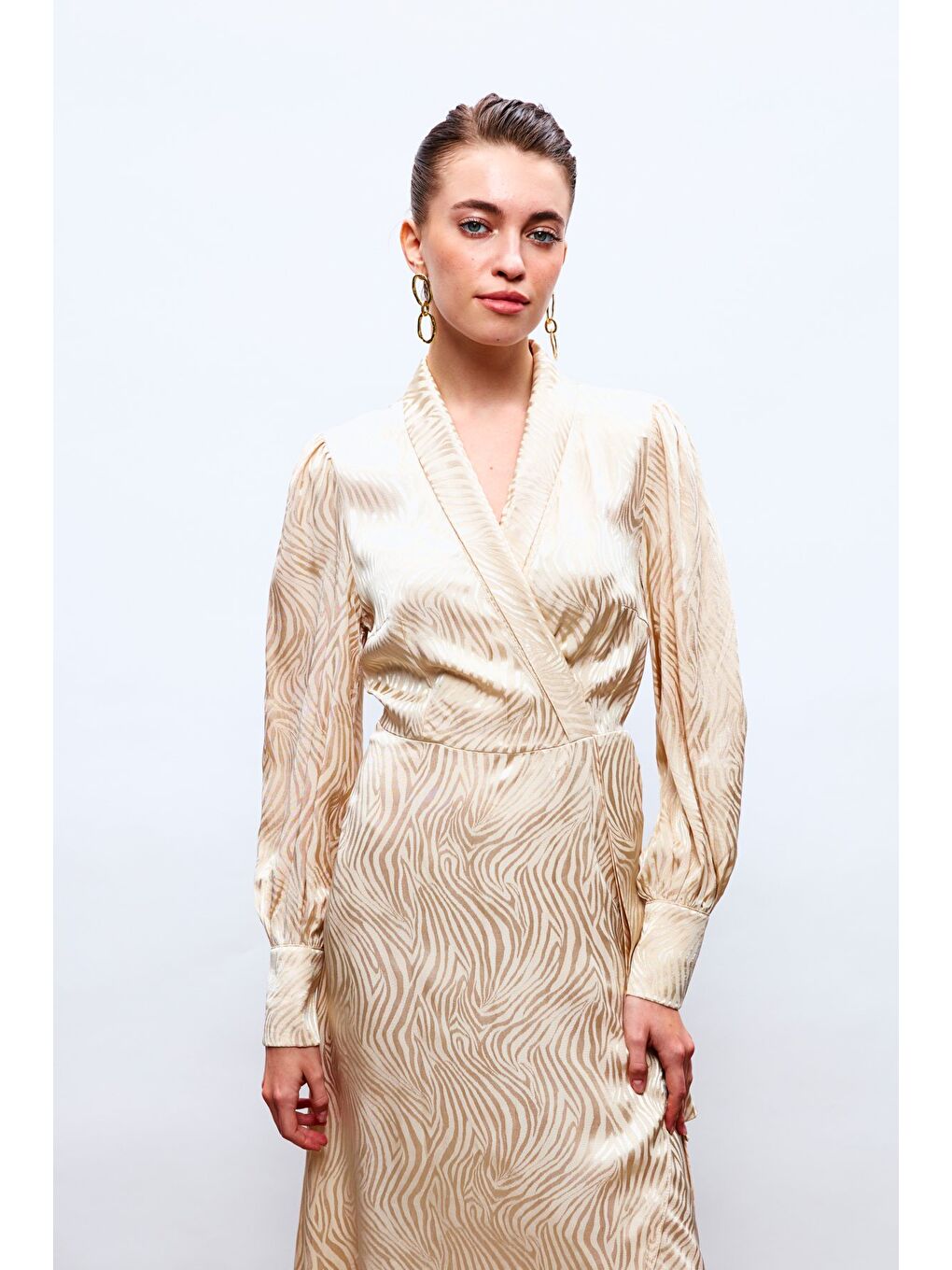 Kruvaze Desenli Uzun Elbise - Bej-5