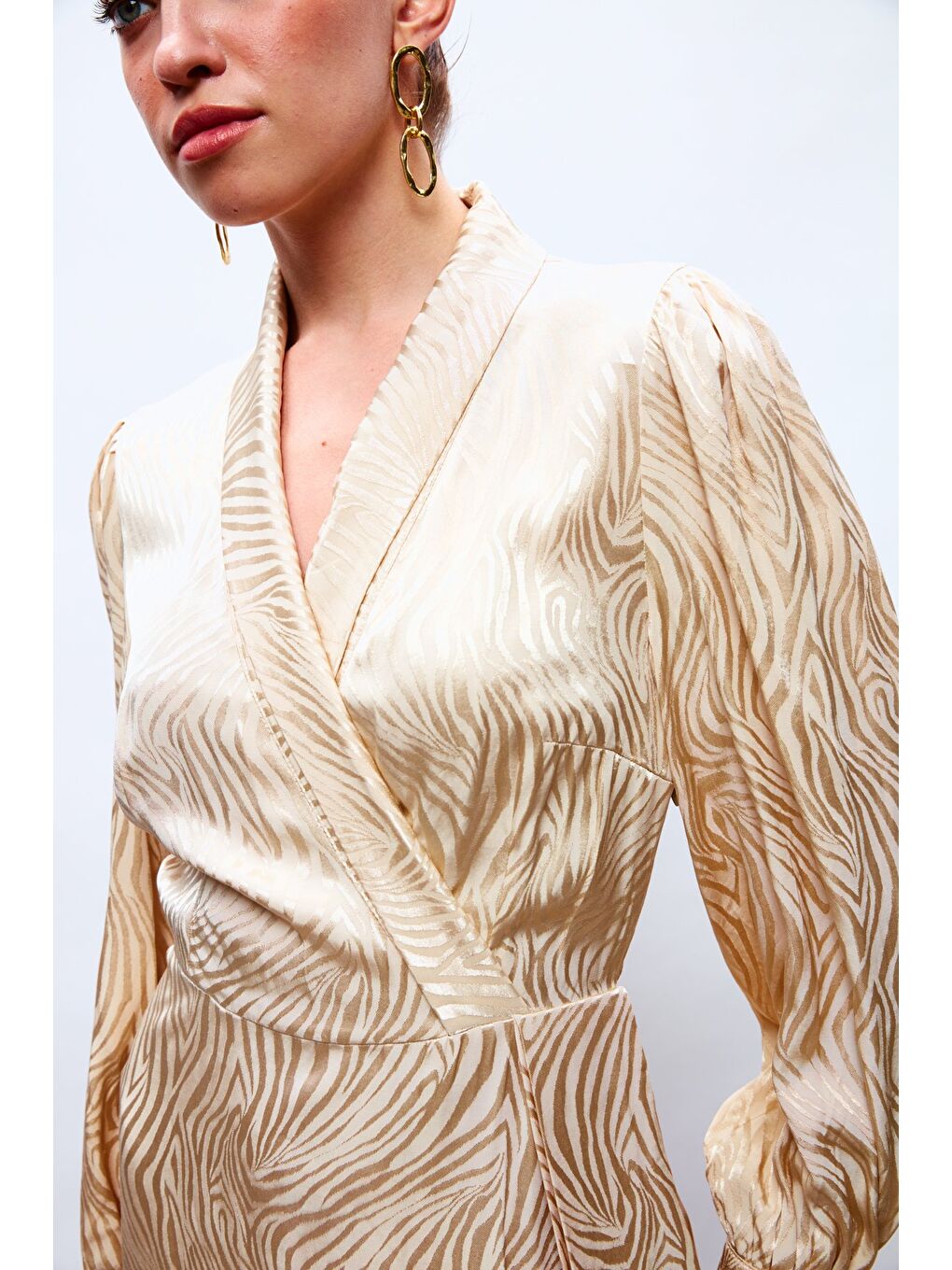 Kruvaze Desenli Uzun Elbise - Bej-6