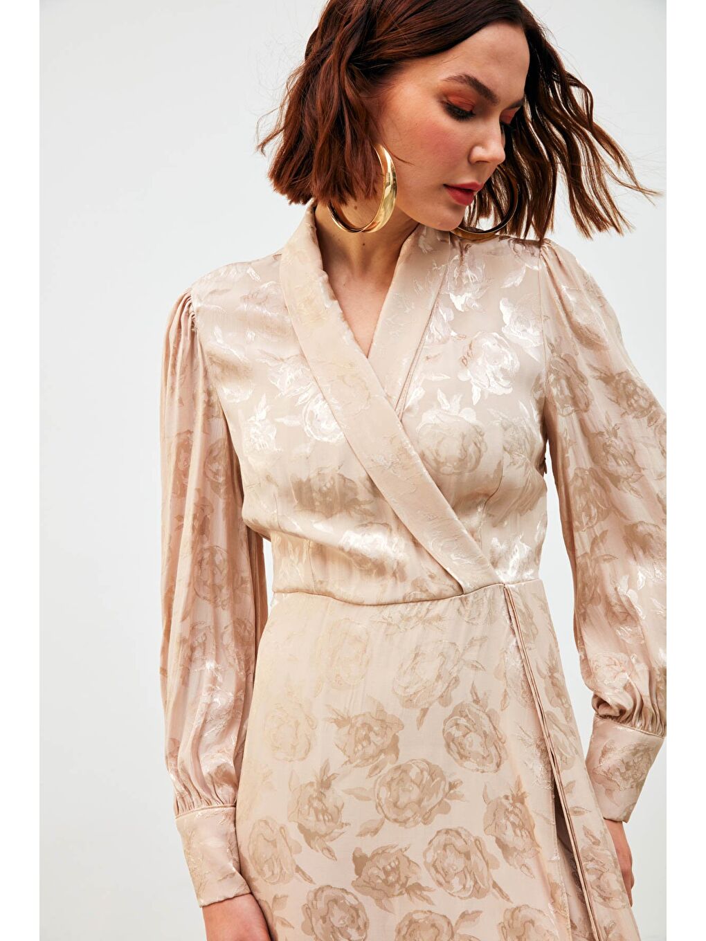 Kruvaze Desenli Uzun Elbise - Bej-1