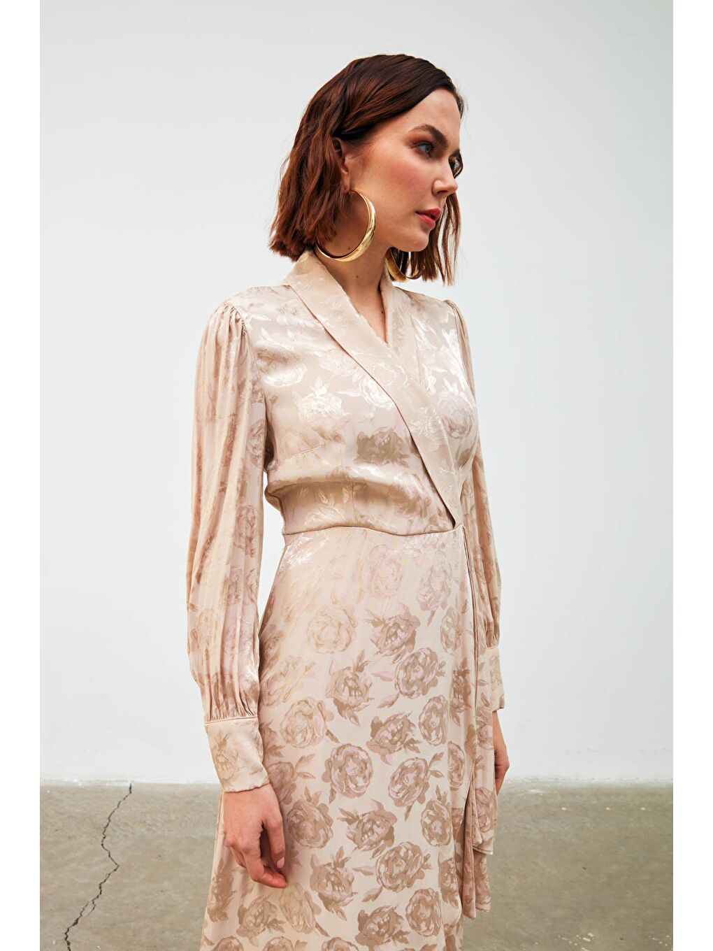 Kruvaze Desenli Uzun Elbise - Bej-6