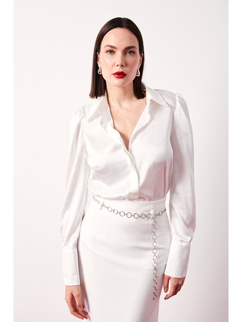 Vatkalı Desenli Saten Gömlek - Ekru